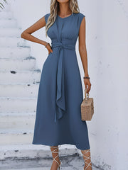 Round Neck Sleeveless Ruched Tie Front Midi Dress