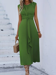 Round Neck Sleeveless Ruched Tie Front Midi Dress