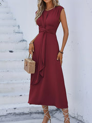 Round Neck Sleeveless Ruched Tie Front Midi Dress