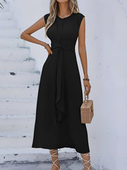 Round Neck Sleeveless Ruched Tie Front Midi Dress