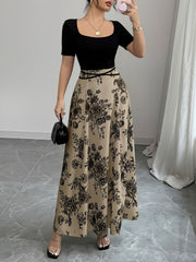 Floral Short Sleeve Square Neck Patchwork Midi Dress