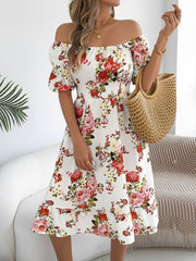 Floral Off-the-Shoulder Puff Sleeve Ruffled A-Line Dress