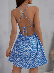 Floral Backless Spaghetti Strap Mini Dress