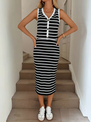 2 Pieces Striped Sleeveless Button Down Top & Slit Midi Skirt Matching Set