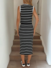 2 Pieces Striped Sleeveless Button Down Top & Slit Midi Skirt Matching Set