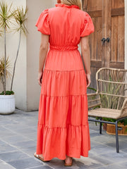 Notch Neck Puff Sleeve Tiered Maxi Dress