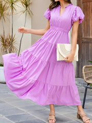 Notch Neck Puff Sleeve Tiered Maxi Dress