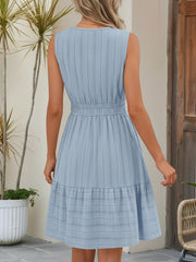 Cotton Notch Neck Sleeveless Smocked Above Knee Length A-Line Dress