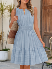 Cotton Notch Neck Sleeveless Smocked Above Knee Length A-Line Dress