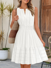 Cotton Notch Neck Sleeveless Smocked Above Knee Length A-Line Dress