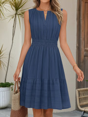 Cotton Notch Neck Sleeveless Smocked Above Knee Length A-Line Dress