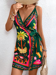Spaghetti Strap Boho Floral Mini Wrap Dress