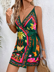Spaghetti Strap Boho Floral Mini Wrap Dress