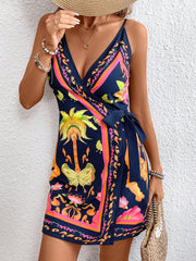 Spaghetti Strap Boho Floral Mini Wrap Dress