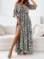 Leopard Print 3/4 Sleeves Cold Shoulder Slit Maxi Dress