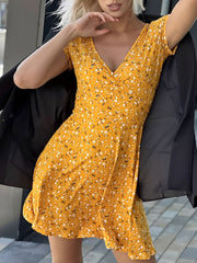 V Neck Short Sleeve Floral/Leopard Print Mini Dress