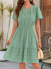 Cotton Notch Neck Puff Sleeve A-Line Tiered Dress