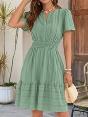 Cotton Notch Neck Puff Sleeve A-Line Tiered Dress