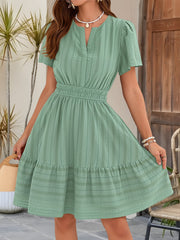 Cotton Notch Neck Puff Sleeve A-Line Tiered Dress