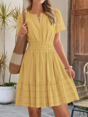 Cotton Notch Neck Puff Sleeve A-Line Tiered Dress