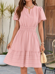 Cotton Notch Neck Puff Sleeve A-Line Tiered Dress