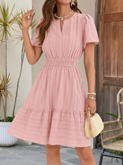 Cotton Notch Neck Puff Sleeve A-Line Tiered Dress