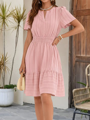 Cotton Notch Neck Puff Sleeve A-Line Tiered Dress