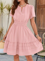 Cotton Notch Neck Puff Sleeve A-Line Tiered Dress