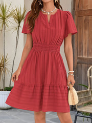 Cotton Notch Neck Puff Sleeve A-Line Tiered Dress