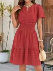 Cotton Notch Neck Puff Sleeve A-Line Tiered Dress