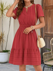 Cotton Notch Neck Puff Sleeve A-Line Tiered Dress