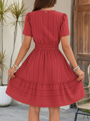 Cotton Notch Neck Puff Sleeve A-Line Tiered Dress