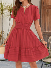 Cotton Notch Neck Puff Sleeve A-Line Tiered Dress