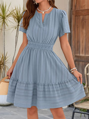 Cotton Notch Neck Puff Sleeve A-Line Tiered Dress