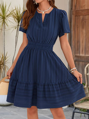Cotton Notch Neck Puff Sleeve A-Line Tiered Dress