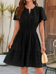 Cotton Notch Neck Puff Sleeve A-Line Tiered Dress