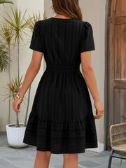 Cotton Notch Neck Puff Sleeve A-Line Tiered Dress