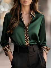 Satin Long Sleeve Leopard Print Patchwork Shirt