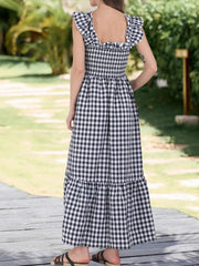 Gingham Ruffled Cap Sleeves Smocked Pocketed Tiered Dress