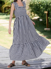 Gingham Ruffled Cap Sleeves Smocked Pocketed Tiered Dress