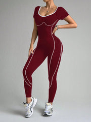 Colorblocked Short Sleeve Yoga All-in-One Activewear Workouts Jumpsuits Unitard