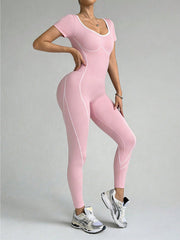 Colorblocked Short Sleeve Yoga All-in-One Activewear Workouts Jumpsuits Unitard