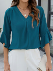 3/4 Sleeve V Neck Ruffled Sleeve Casual Chiffon Blouse