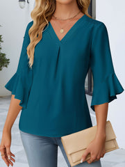 3/4 Sleeve V Neck Ruffled Sleeve Casual Chiffon Blouse