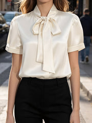 Bow Tie Collar Satin Short Sleeve Blouse