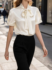 Bow Tie Collar Satin Short Sleeve Blouse