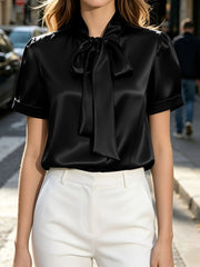 Bow Tie Collar Satin Short Sleeve Blouse
