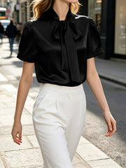 Bow Tie Collar Satin Short Sleeve Blouse