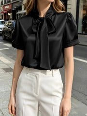 Bow Tie Collar Satin Short Sleeve Blouse
