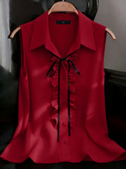 Sleeveless Collared Ruffled Button Down Blouse